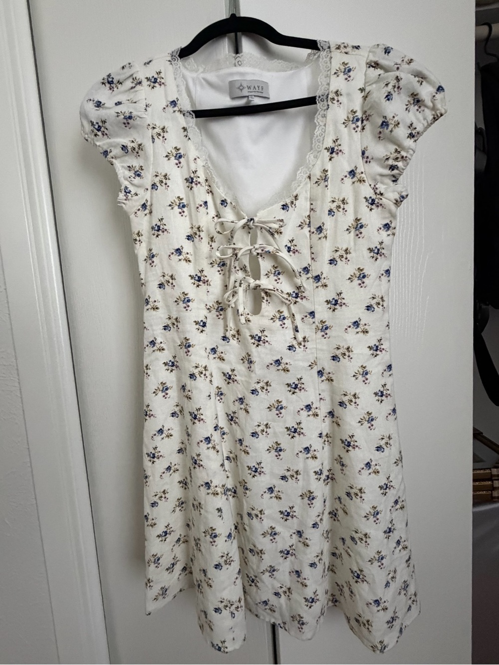 Wayf Cream Mini Dress with Blue Floral Print